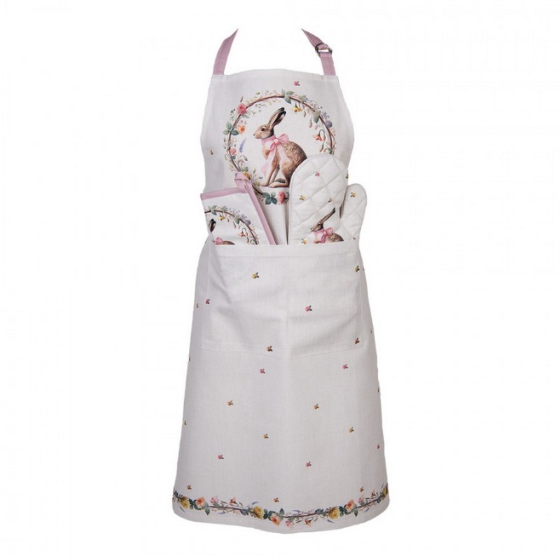 Grembiule da cucina in cotone decorato con lepre con fiocco rosa in ghirlanda, perfetto come regalo di Pasqua